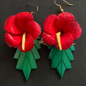Handmade Wood Red Flower Earrings Frida